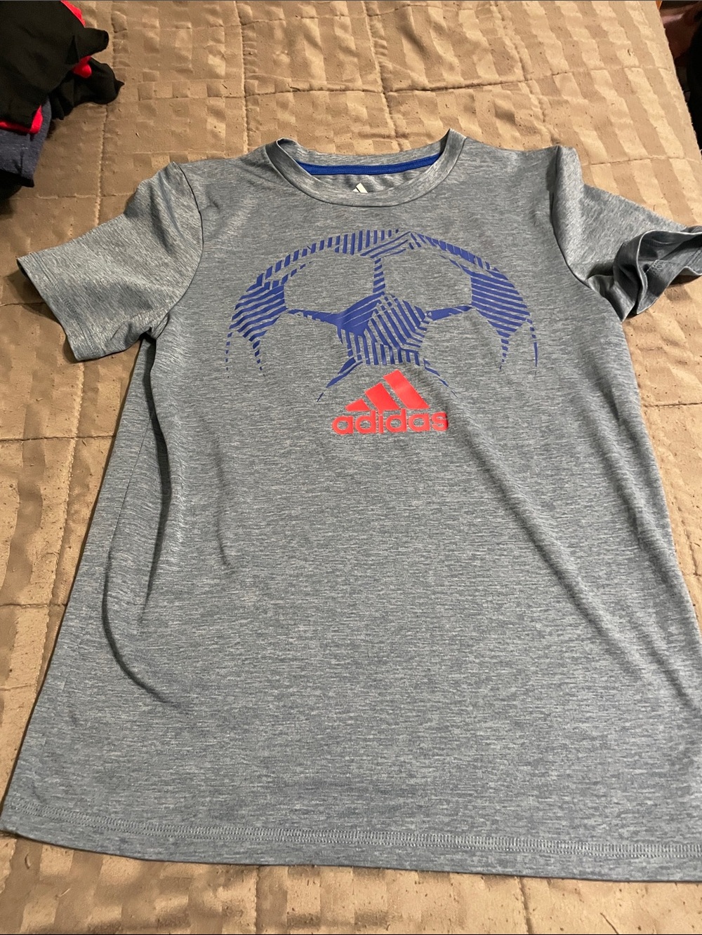 adidas Grey Short-Sleeve Soccer Graphic Tee with Blue and Red Accents